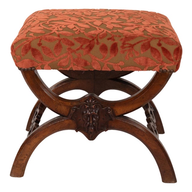 Carved Walnut Curule-Form Stool, French, Circa 1830 For Sale