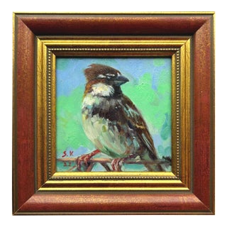Framed Sparrow Bird Original Painting Vintage Style by Valeriya Serova For Sale