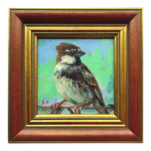 Framed Sparrow Bird Original Painting Vintage Style by Valeriya Serova