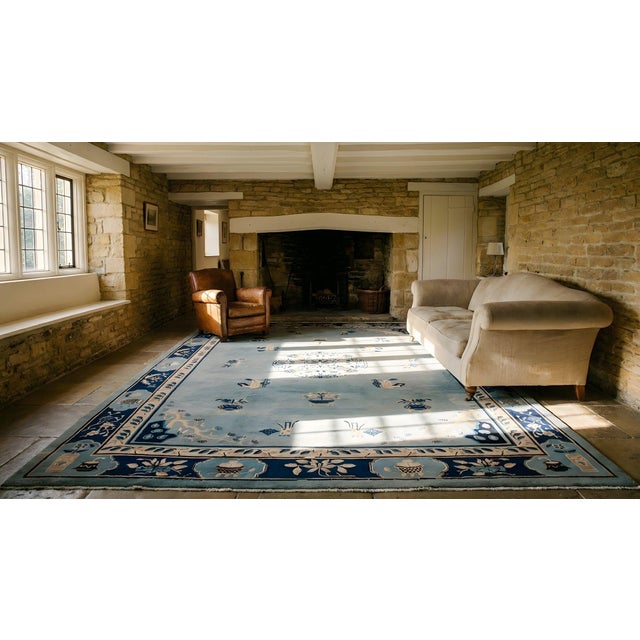 Lovely Blue Color With Unique Floral Design Antique Chinese Peking Rug For Sale - Image 10 of 12