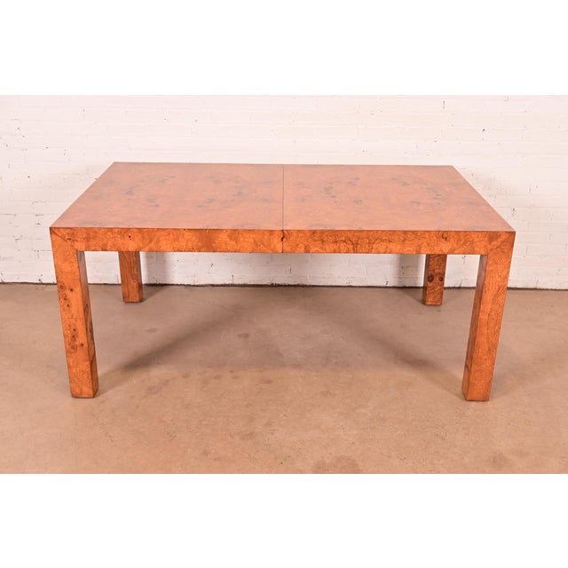 Wood Milo Baughman for Thayer Coggin Mid-Century Modern Burl Wood Parsons Extension Dining Table, Newly Refinished For Sale - Image 7 of 15