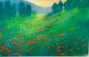 Kuno Vollet, German Contemporary Pastel Painting Radiant Landscape Field with Flowers Poppies, 2002