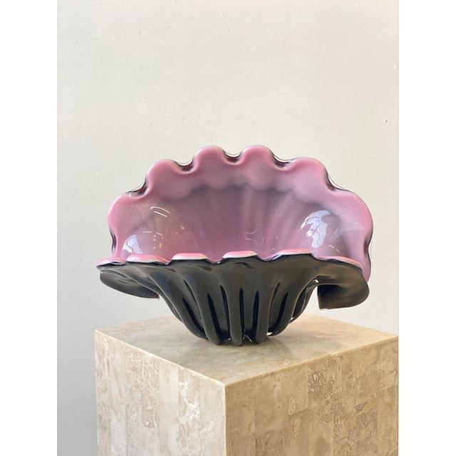 Vintage 1960s Large Scale Black and Pink Murano Clam Shell Centerpiece Bowl Attributed to Archimede Seguso For Sale - Image 13 of 13