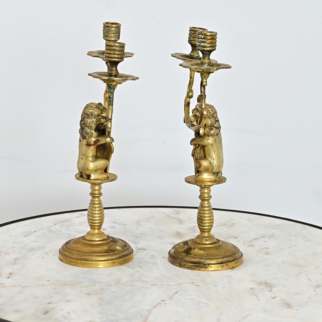 19th Century Pair of Brass Lion Candlesticks from Amsterdam For Sale In Baton Rouge - Image 6 of 8