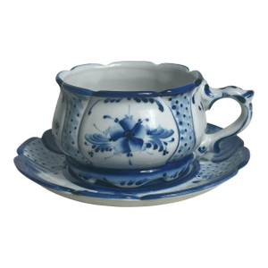 Vintage Russian Gzhel Porcelain Teacup and Saucer Cobalt Blue and White Floral Folk Art