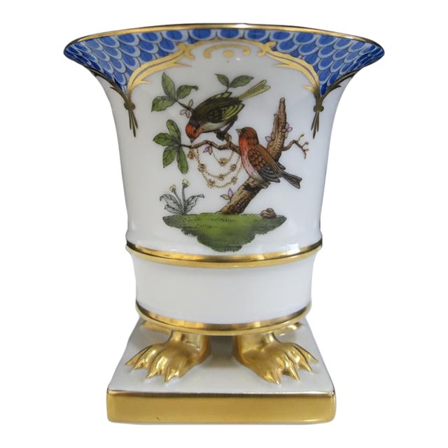 Herend Hungary Rothschild Porcelain Bird & Insect Blue Scale Claw Footed Vase For Sale
