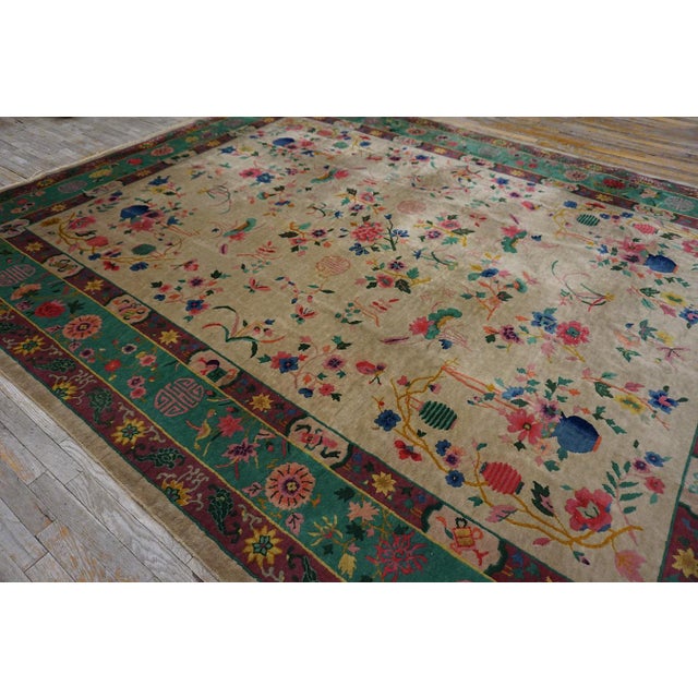 Art Deco 1920s Ivory Green Floral Modern Antique Chinese Art Deco Rug 9'2" X 11'7" Handknotted Wool Carpet For Sale - Image 3 of 15