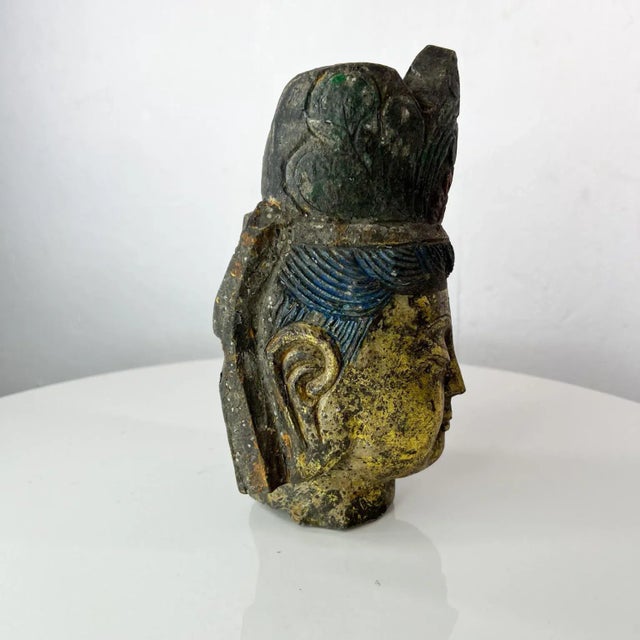 Salvaged Stone Golden Buddha Head Sculpture Ornately Carved Crown For Sale In San Diego - Image 6 of 13