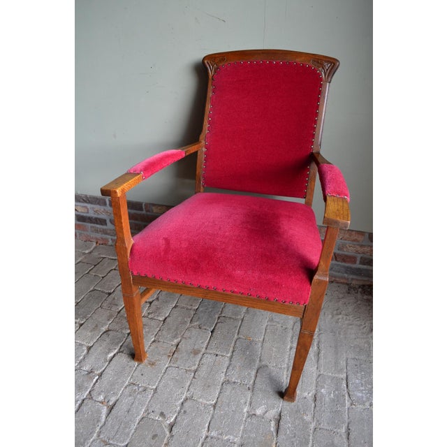 Brown Art Deco Oak Armchair with Red Velvet For Sale - Image 8 of 8