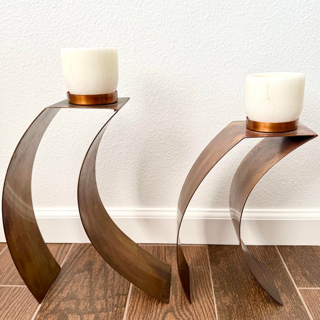 Brutalist Signed Sanders Vintage Copper Candleholder Set Modern MCM For Sale - Image 10 of 12