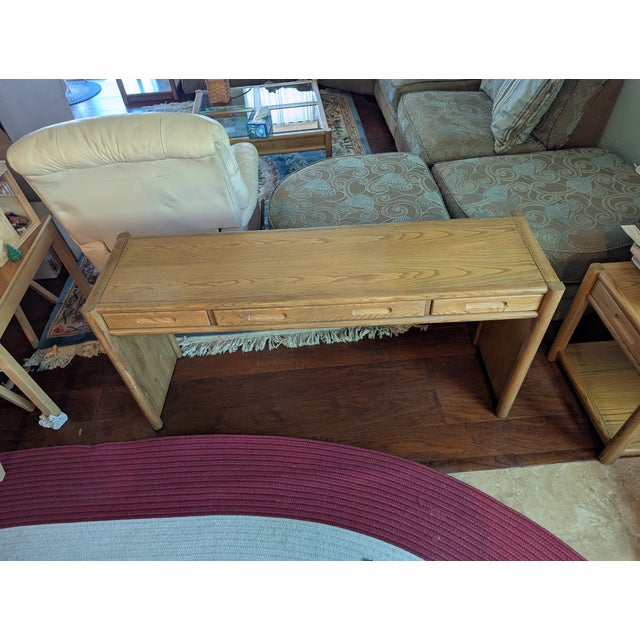 1980s Thomasville 4 Piece Light Oak Living Room Tables: 2 End Tables, Sofa Console Table and Square Glass Coffee Table For Sale - Image 11 of 13