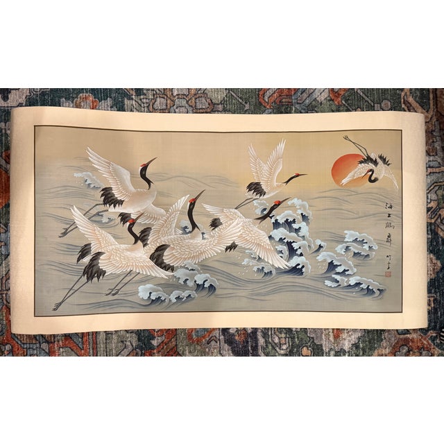 Pair of Vintage Japanese Hand-Painted Silk Crane Paintings, Signed, 45" For Sale In Dallas - Image 6 of 16