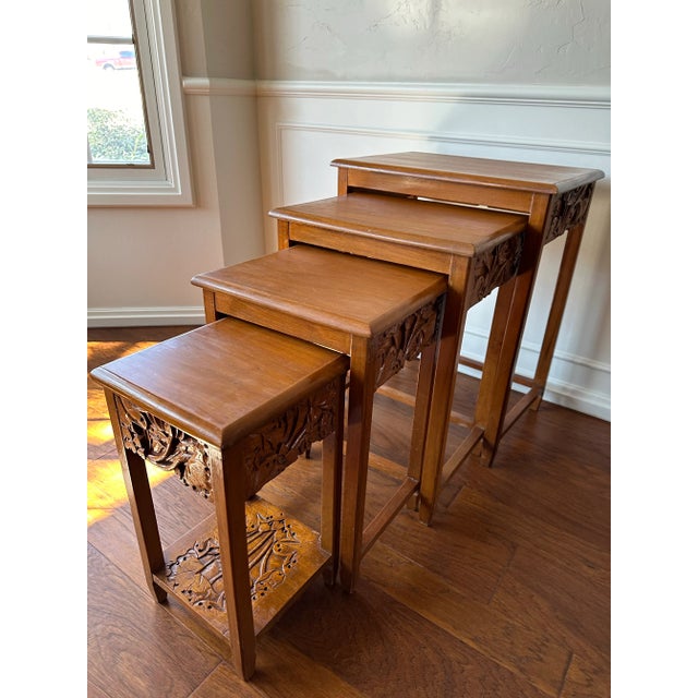 Asian Asian Carved Nesting Side Tables Set of 4 1960s For Sale - Image 3 of 12