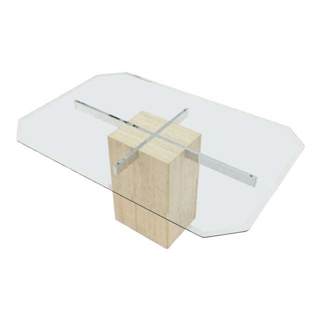 Single Travertine Rectangle Base Chrome Stretchers Glass Top Dining Table Italy For Sale