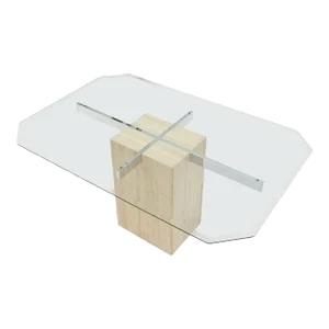 Single Travertine Rectangle Base Chrome Stretchers Glass Top Dining Table Italy