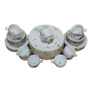 Early 20th Century Herend Rothchild Porcelain Bird Motif China Dinner Tea Service Plate Set - 47pc For Sale