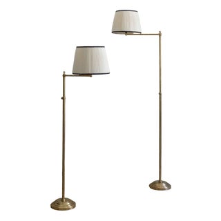 Adjustable Brass Floor Lamps with Fabric Lampshade, 1970s, Set of 2 For Sale