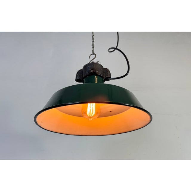 French Industrial Dark Green Enamel Factory Pendant Lamp, 1960s For Sale - Image 12 of 18