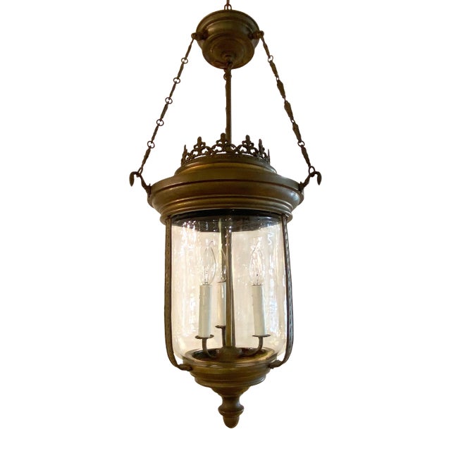 1940s Patinated Bronze With Hand Blown Glass Lantern For Sale