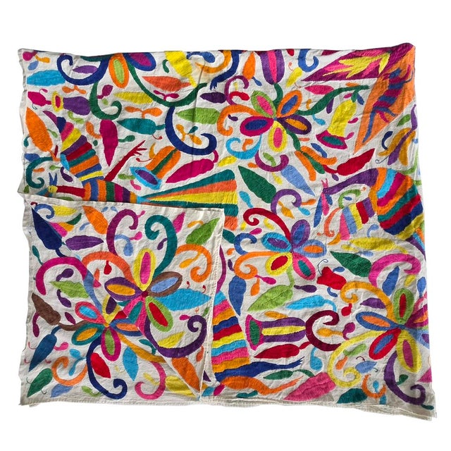 1990s Vintage Mexican Otomi Hand Embroidered Textile Coverlet/Wall Hanging For Sale - Image 5 of 15