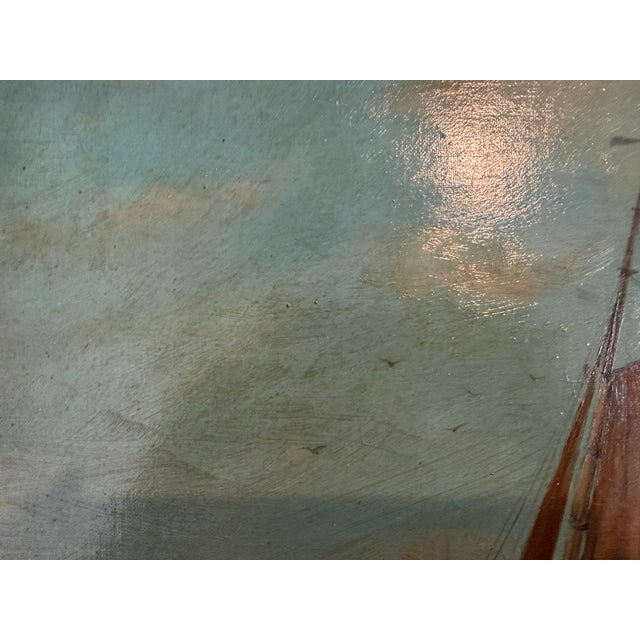 Antique Oil Painting Dutch Marine Seascape Sailing Boats Coastal Scene Unsigned For Sale In Jacksonville, FL - Image 6 of 10