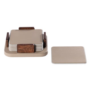 Sotto 6-Piece Leather Coaster Set with Holder, Cappuccino For Sale
