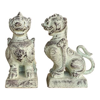 Vintage Celadon Foo Dogs, Pair of Chinese Guardian Lion Figurines, Distressed Green Decorative Statues For Sale