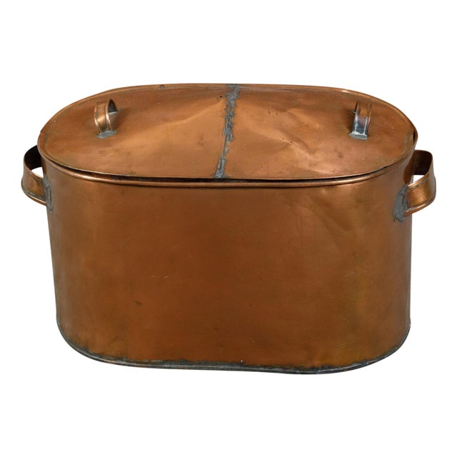 Large English 1930s Copper Braising Pan with Handles and Weathered Patina For Sale