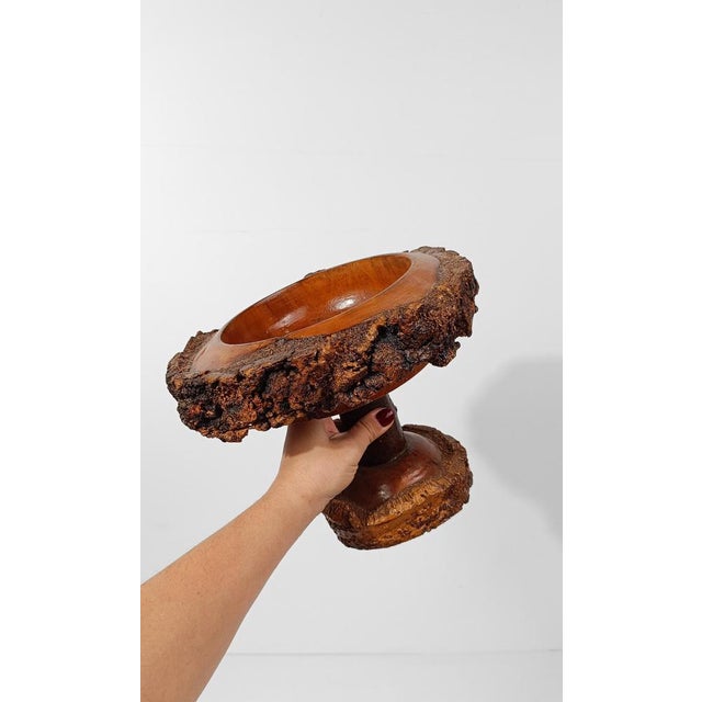 1950s Vintage Rustic Handcrafted Wooden Pedestal Bowl in the style of Mountain Folk Art, 1950s For Sale - Image 5 of 18