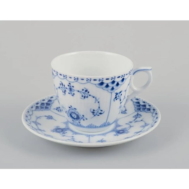 Royal Copenhagen Blue Fluted Half Lace, six pairs of coffee cups. Model number 1/756. Some cups with new model number 072....