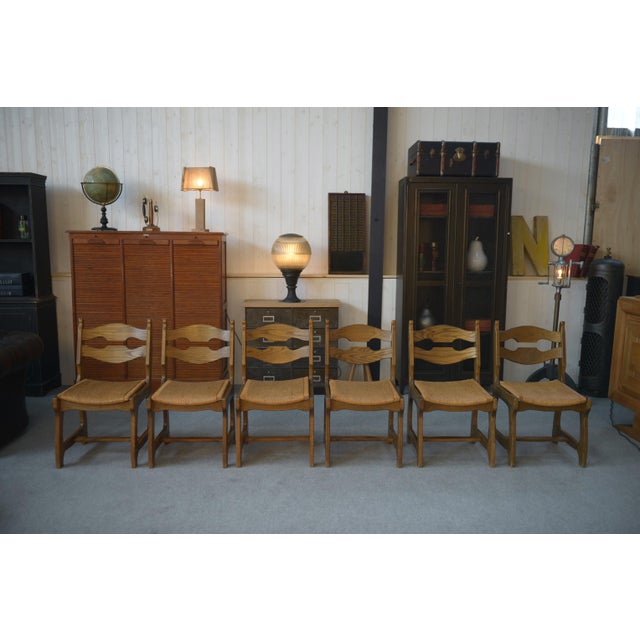 Vintage Oak Dining Chairs with Rush Seat and Echelle Backrest, 1950s, Set of 6, in Very Good conditions. Designed 1950 to...