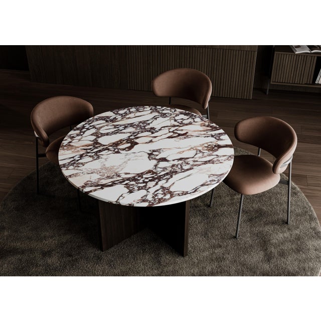 Contemporary Round Dining Table in Calacatta Viola Marble and Smoked Oak by Lebanto For Sale - Image 3 of 3