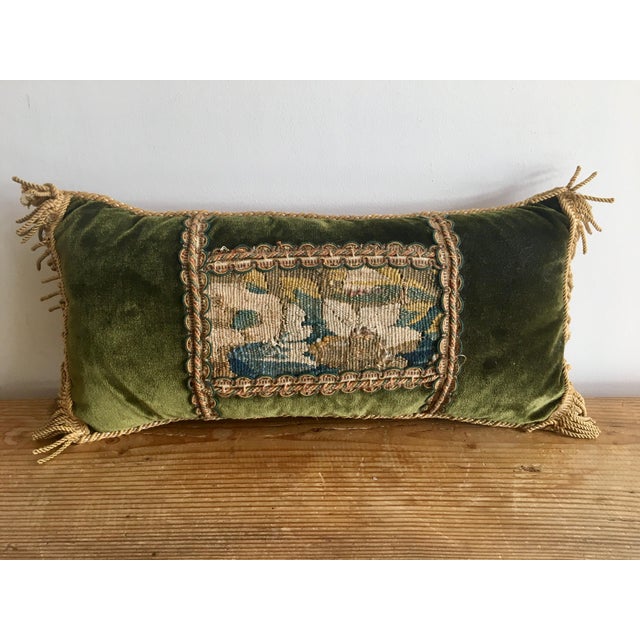 Vintage Traditional Forest Green Velvet Lumbar Pillow With Abusson