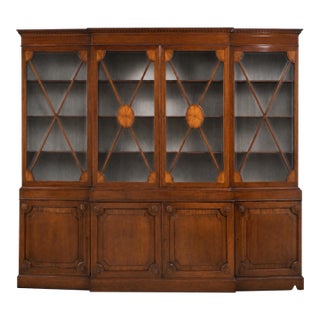 Mid-Century English Regency Style Inlaid Mahogany & Satinwood Bookcase China Cabinet For Sale