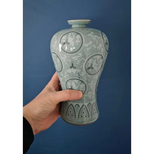 1970’s Thousand Crane Celadon Vases Set of 2 For Sale - Image 9 of 18