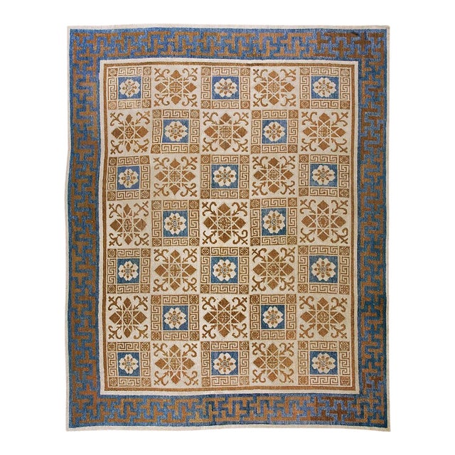 1860s Ivory Geometric Antique N. Chinese Mongolian Rug 10'4" X 13'4" Handknotted Wool Carpet For Sale