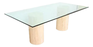 Matteo Grassi Modern Italian Travertine Double Pedestal Glass Top Dining Table, Circa 1970s