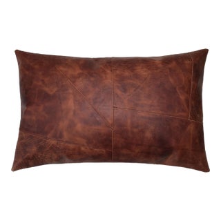 Luxury Cognac Genuine Leather Patchwork Throw Pillow 16x24 | Handmade Rustic Modern Lumbar Cushion For Sale
