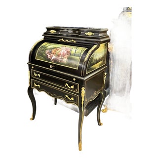 Roll-Top Secretary Desk With Mythological Artwork, Fine Marquetry & Gilt Bronze Mounts For Sale