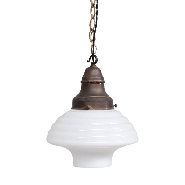 French Opaline and Brass Pendant Light, 1930s For Sale