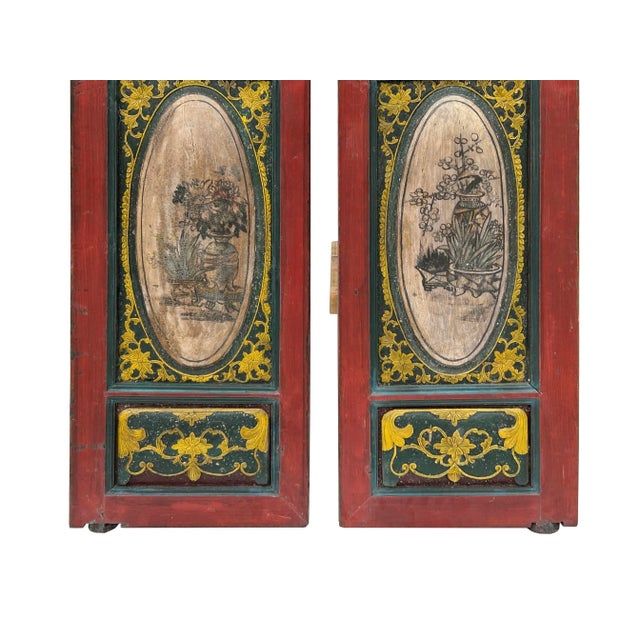 Pair Vintage Red Green Yellow Fujian Relief Carving Door Panels For Sale - Image 4 of 10