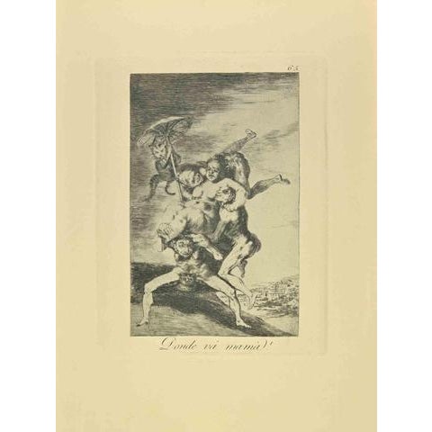 Where is mother going? (Donde va Mama?)is a black and White aquatint, drypoint, and etching printed in blue-black ink on...