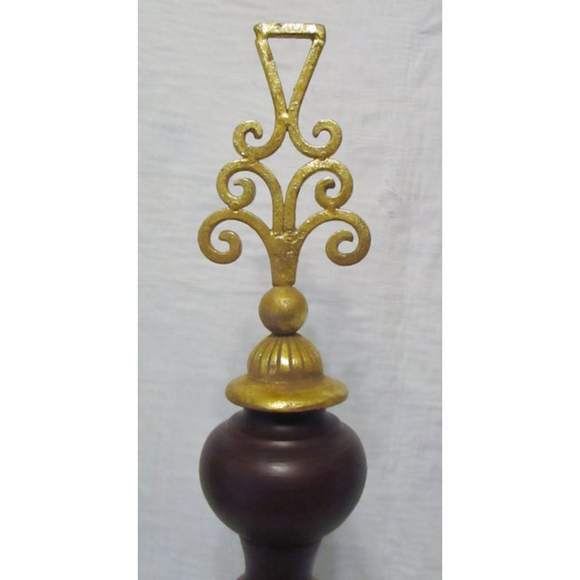 Tall Brown Turned Wood and Gold Metal Tripod Decorative Table Art 28.25" tall and 10.50" wide at base. The bottom orb...
