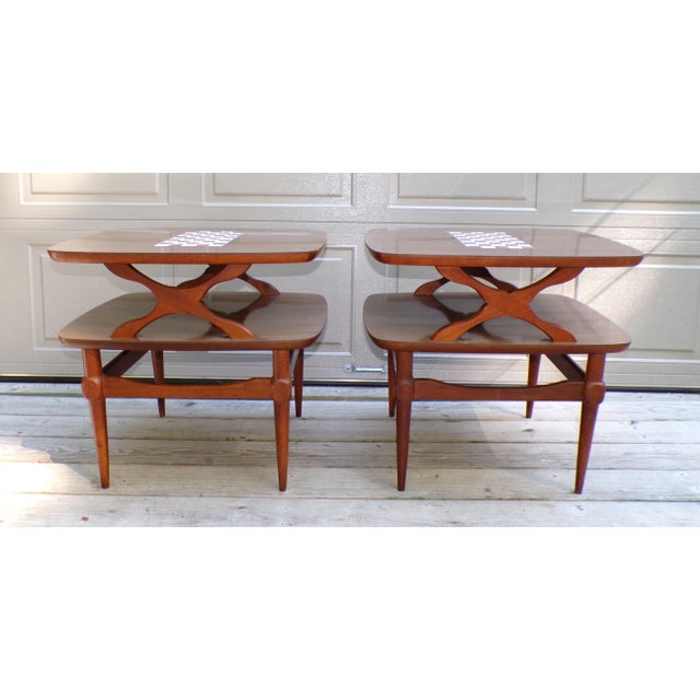 Wood Vintage Pair Reiss Mid Century Modern 2 Tier Tile Top Walnut Side Tables For Sale - Image 7 of 17