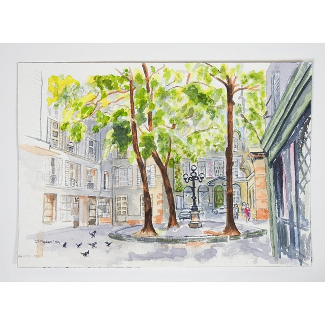 Mid-Century Modern 1999 Cityscape Watercolor Painting For Sale - Image 3 of 4
