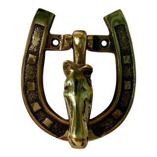 Vintage, English Brass Horse and Horseshoe Doorknocker For Sale