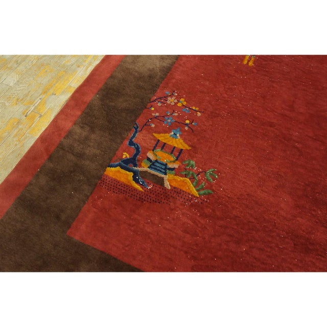 Burgundy 1920s Red Burgundy Floral Open Field Antique Chinese Art Deco Wool Rug 8' X 9'9" For Sale - Image 8 of 9