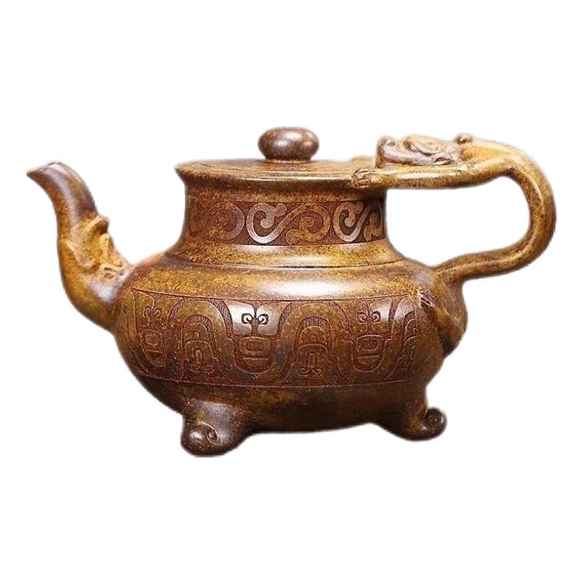 Hand-Carved Auspicious Motif Yixing Zisha Wine & Tea Pot – Wood-Fired Golden Vessel (Jin Zun) Handmade Clay Teapot For Sale
