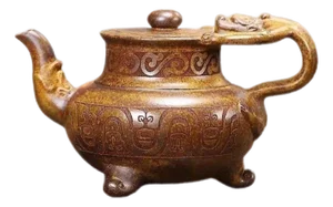 Hand-Carved Auspicious Motif Yixing Zisha Wine & Tea Pot – Wood-Fired Golden Vessel (Jin Zun) Handmade Clay Teapot