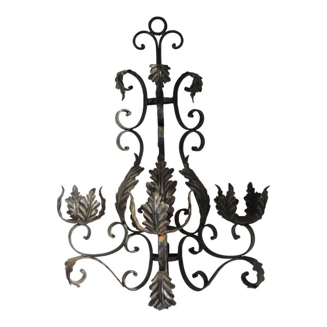 Monumental Vintage Black Wrought Iron Wall Candelabra For Sale